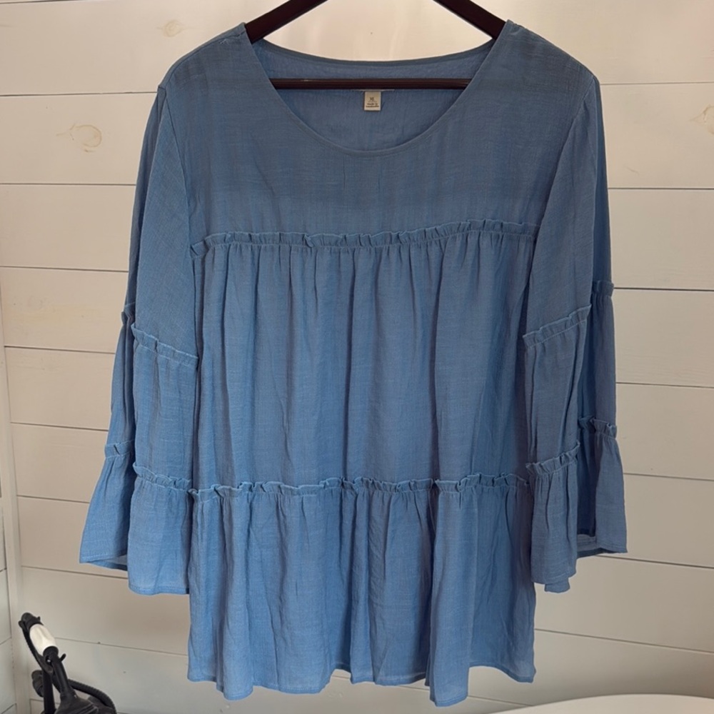Cato Blue Tiered Blouse with 3/4 Sleeves